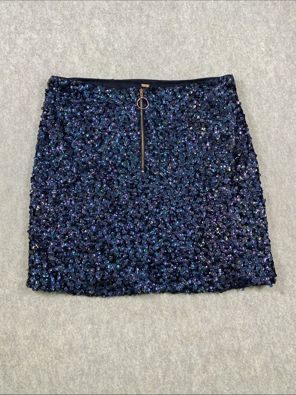 Free People Blue Iridescent Sequin Mini Skirt Zip Front Party Festival